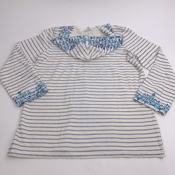 Orvis Hooded Pullover Embroidered Top Sweatshirt Tunic Creme Blue Size Medium - Picture 2 of 12